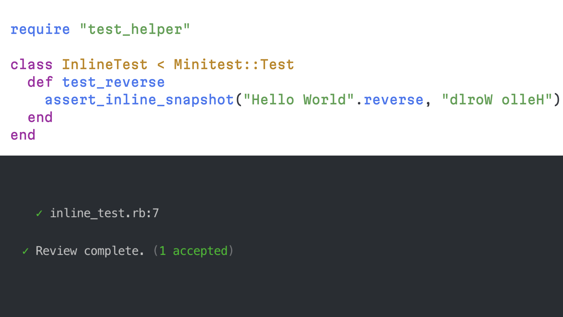 Editor and review side by side: after accepting, the expected value is written back into the test file