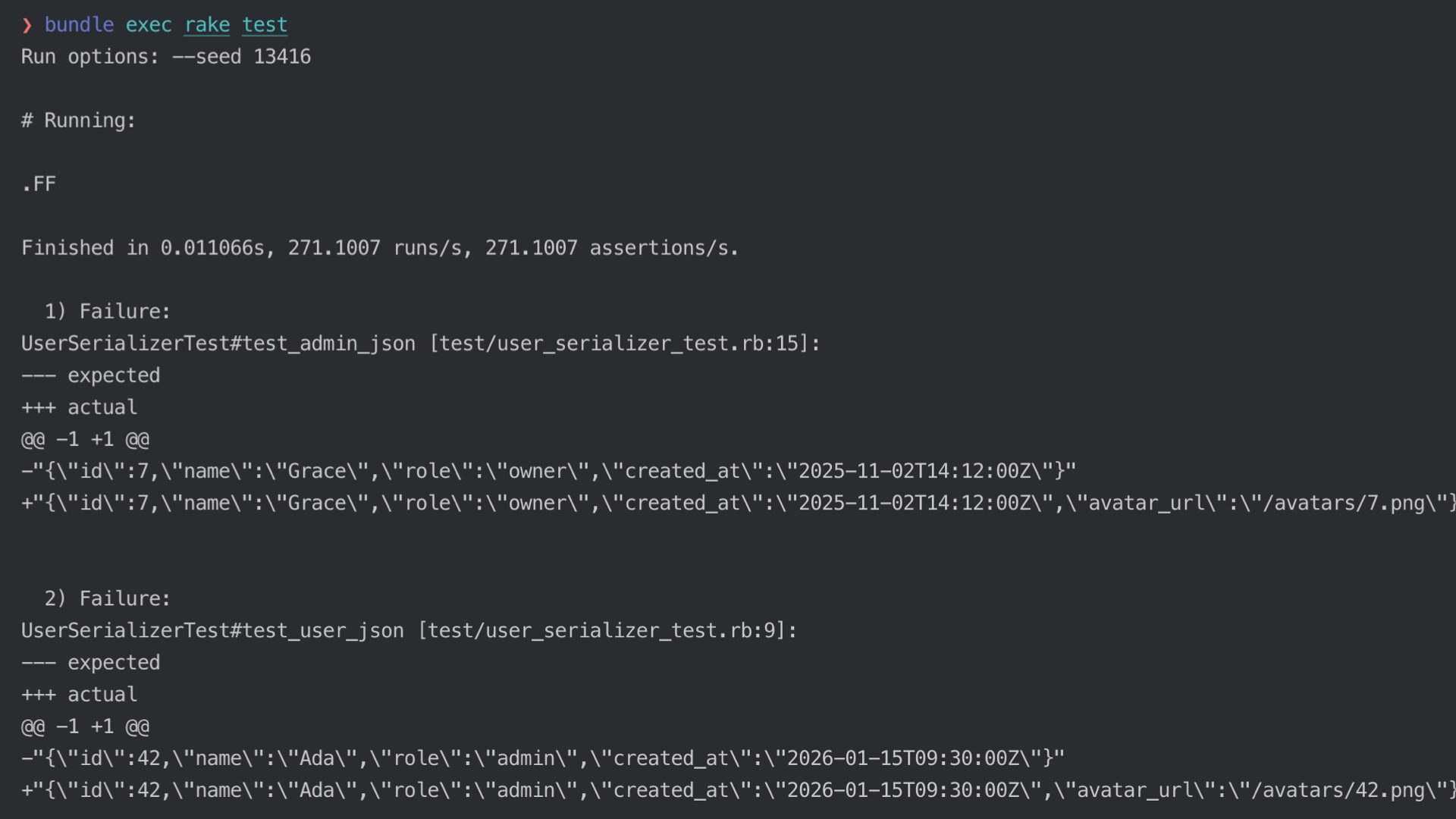 Terminal output: every serializer test fails with a unified diff, even though the new avatar_url value is correct