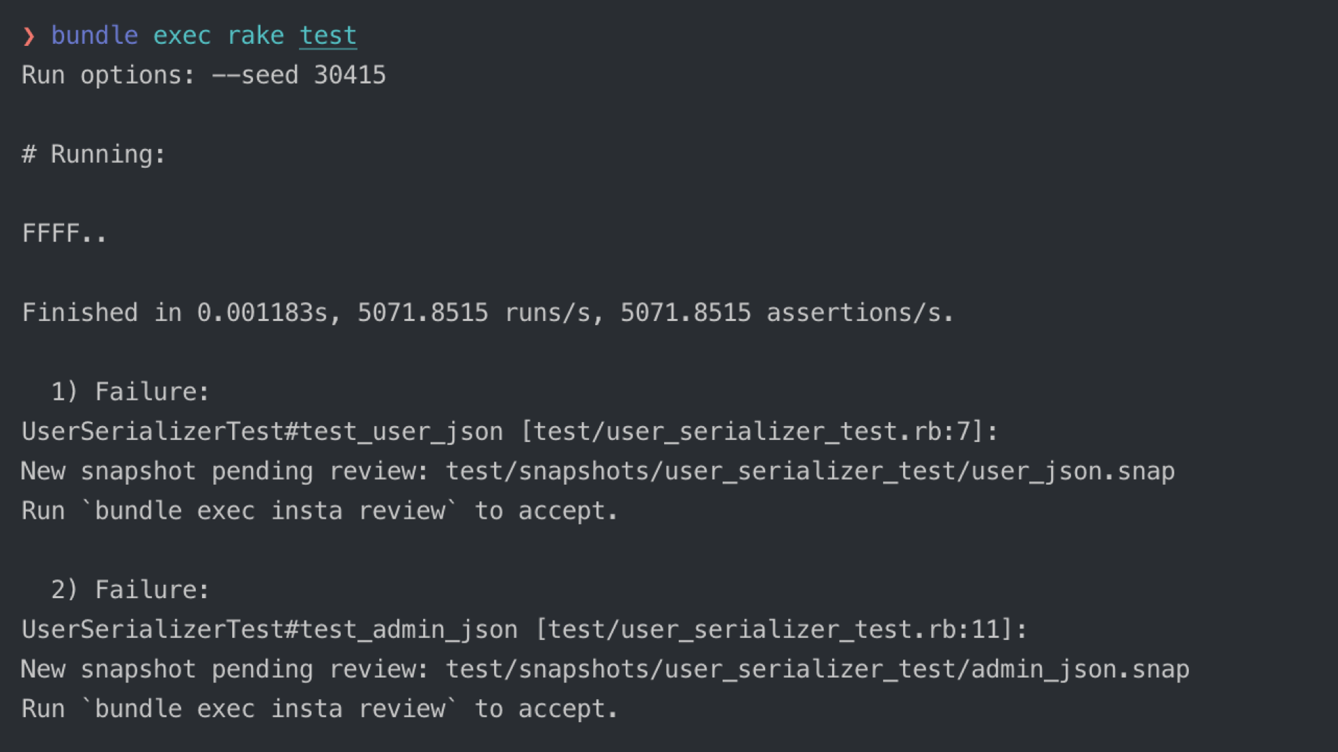 Terminal output: new snapshots pending review, with the insta review hint