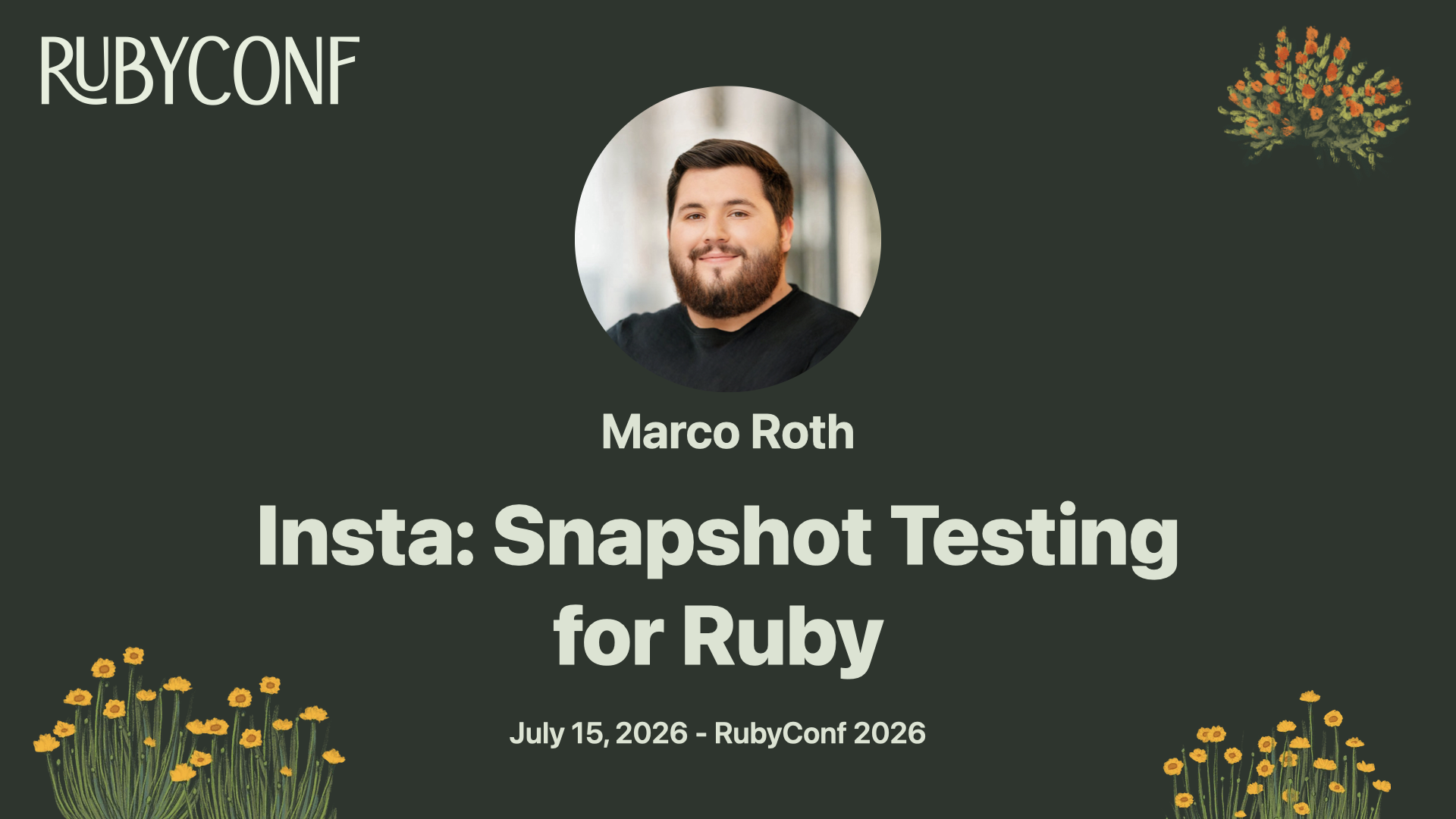 Insta: Snapshot Testing for Ruby, RubyConf 2026 lightning talk title slide