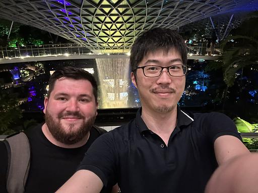 "Last night I had a good time with @marcoroth_ in Singapore. It's nice to have a dinner with a friend in a place both don't know at all :) And a waterfall in the airport! Such great #rubyfriends experience." - @okuramasafumi