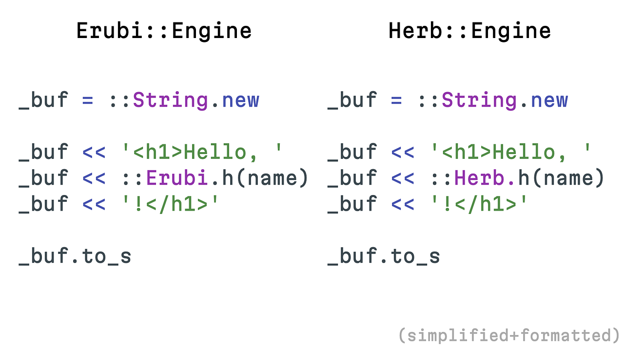 Erubi::Engine and Herb::Engine compiled output compared