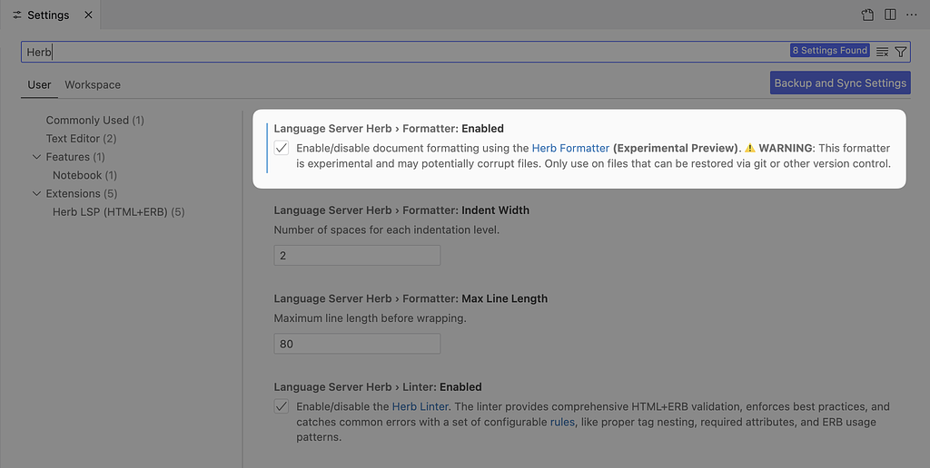 Herb Formatter Setting in Visual Studio Code