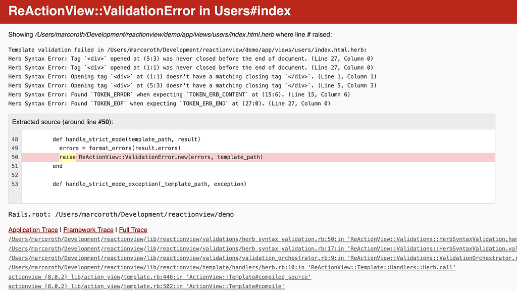 ReActionView HTML exception screen