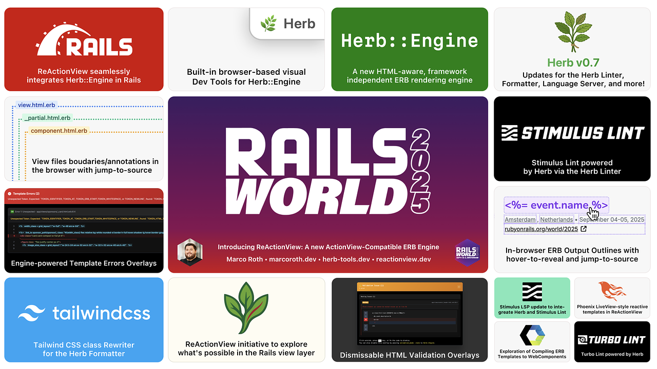 Rails World 2025 summary slide: ReActionView, Herb::Engine, Dev Tools, Linters, and more
