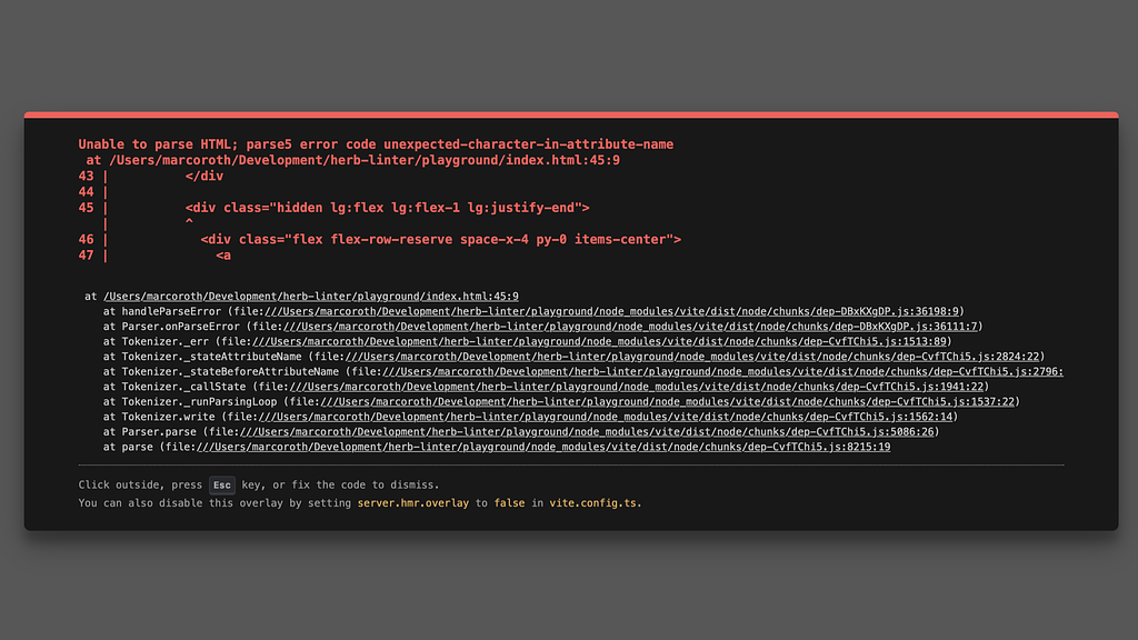 Vite HTML exception screen